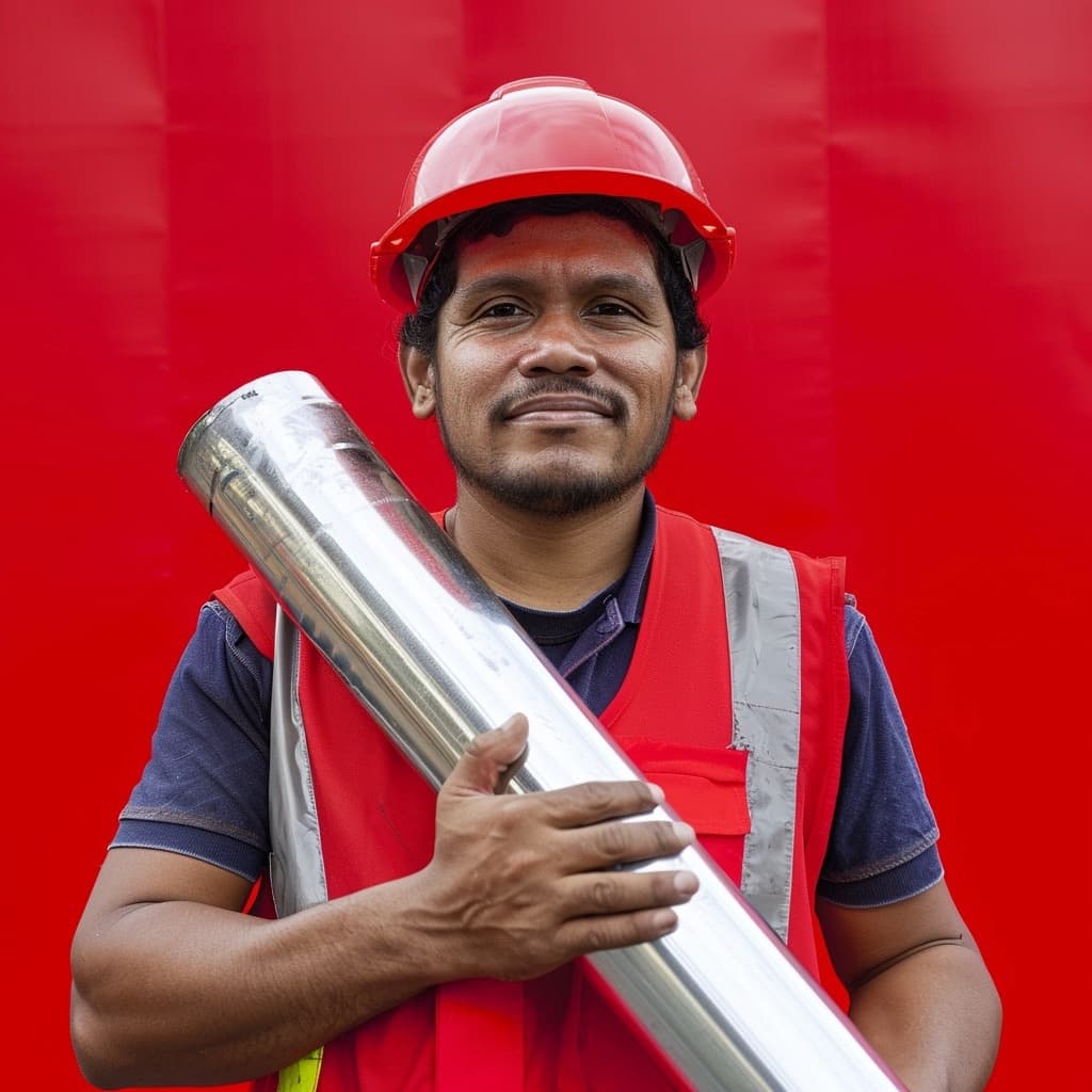 Hombre sosteniendo una tubería de Diámetros Mayores, vistiendo casco rojo y chaleco reflectante, con fondo rojo.