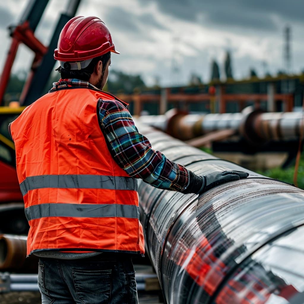 Un trabajador con casco y chaleco de seguridad observa una tubería de grandes diámetros en un ambiente industrial, rodeado de otras tuberías y maquinaria.