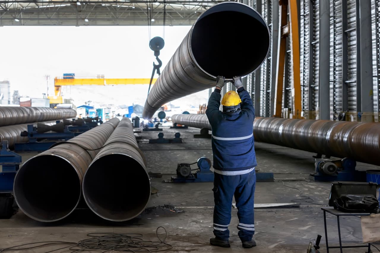 Un trabajador en un ambiente industrial maneja una tubería de Diámetros Mayores, mientras varias tuberías más grandes están alineadas en el suelo. La escena se desarrolla en un amplio espacio cerrado con estructuras metálicas y maquinaria visible.