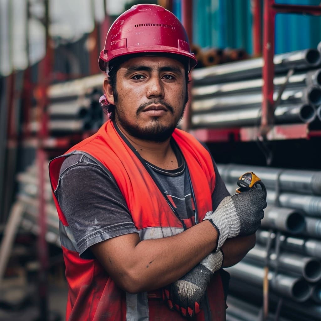 Hombre con casco rojo y chaleco naranja en un entorno industrial, sosteniendo una herramienta, con Tubería de Diámetros Mayores de fondo.