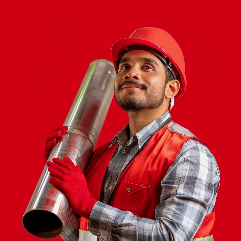 Un hombre sonriente sostiene un tubo metálico mientras lleva puesto un casco y guantes de seguridad, con un fondo rojo que resalta la escena. Su vestimenta incluye un chaleco de seguridad. Este tipo de tubería de Diámetros Mayores puede ser utilizado en diversas aplicaciones industriales.