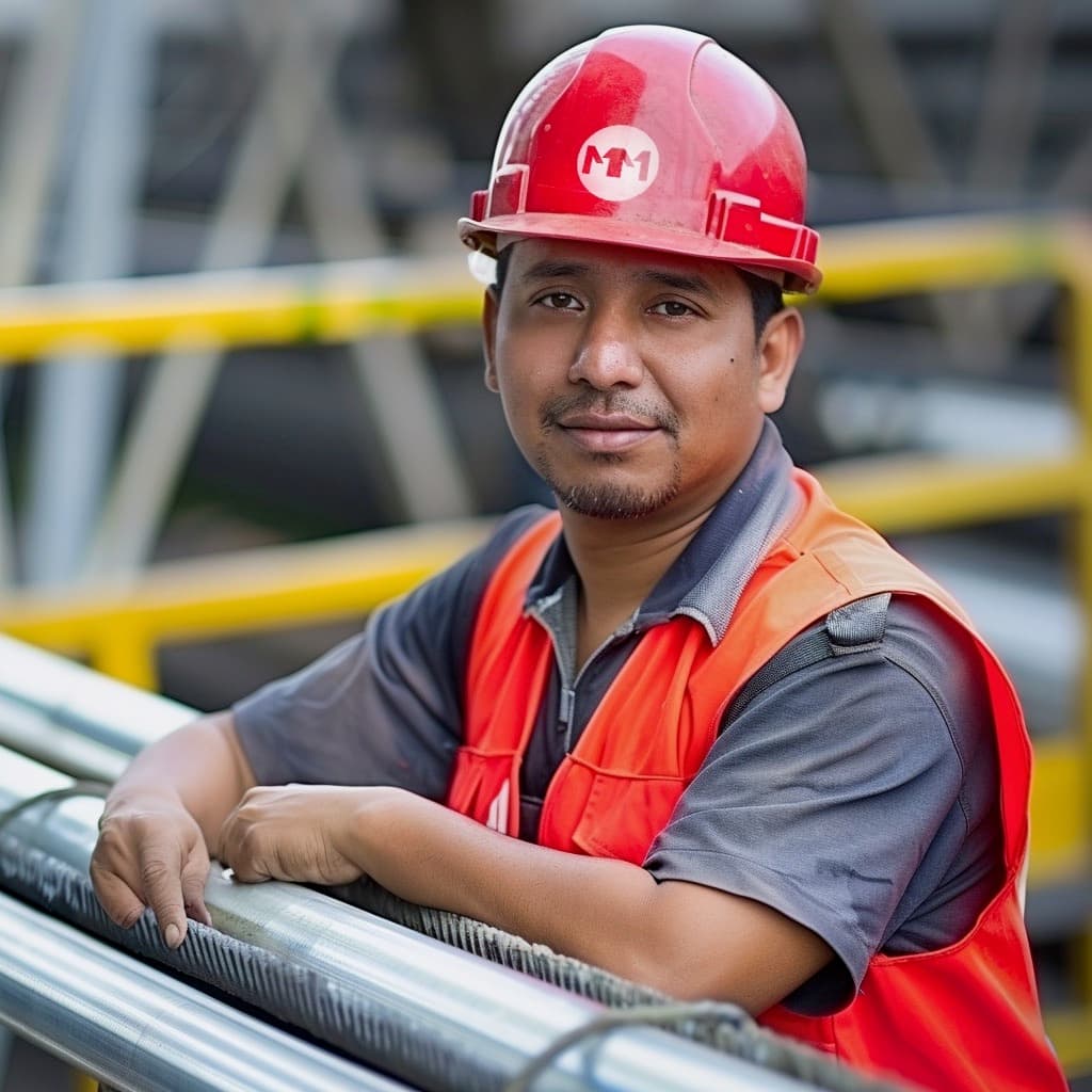 Hombre en un entorno industrial, usando un casco rojo y un chaleco naranja, apoyado sobre Tubería de Diámetros Mayores.