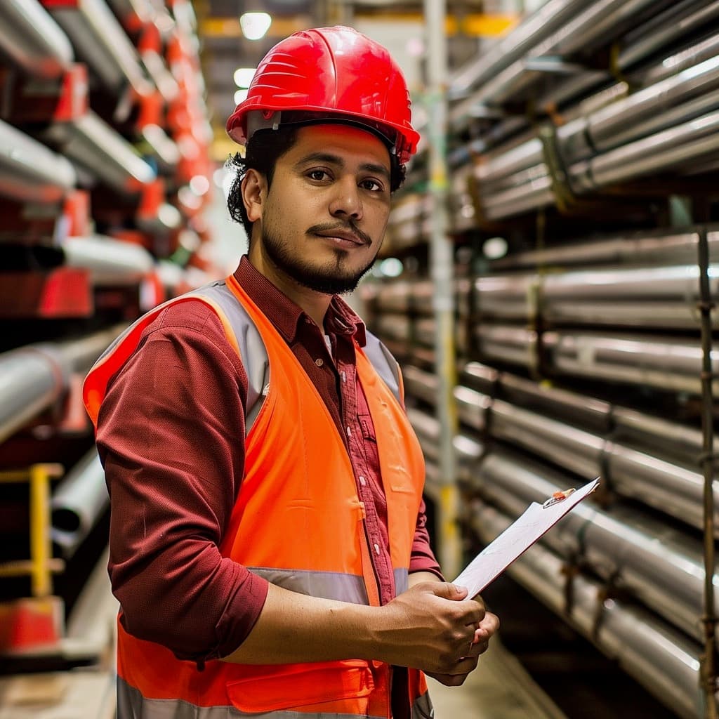 Un trabajador usando un casco rojo y un chaleco naranja está de pie entre estantes llenos de Tubería de Diámetros Mayores en un entorno industrial. Sostiene un papel y mira hacia la cámara con confianza.