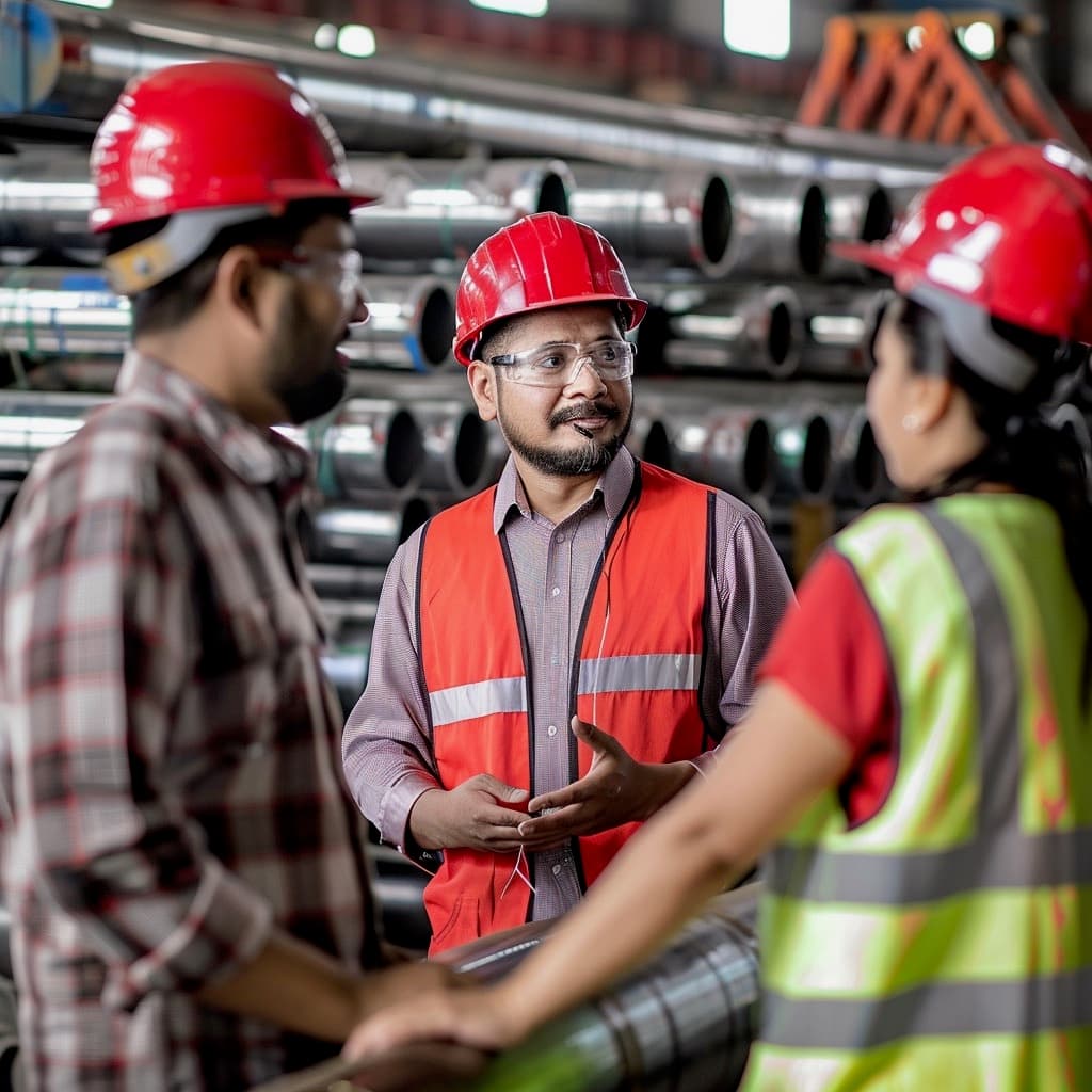 Tres trabajadores en una instalación industrial discuten sobre Tubería de Diámetros Mayores mientras están rodeados de estantes llenos de tubería. Todos llevan cascos de seguridad y protección ocular.