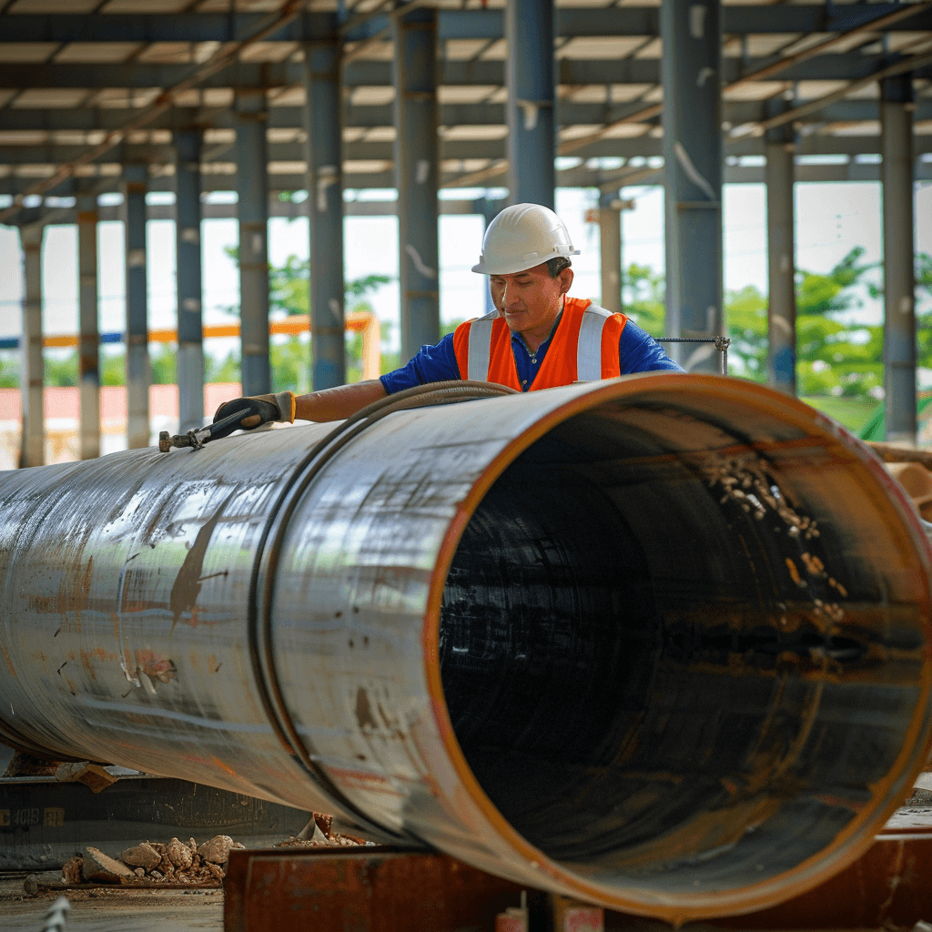 Un trabajador inspecciona una tubería de Diámetros Mayores en un entorno industrial, mientras utiliza herramientas adecuadas y viste un casco de seguridad y chaleco reflectante. El área es amplia y tiene estructura metálica visible.