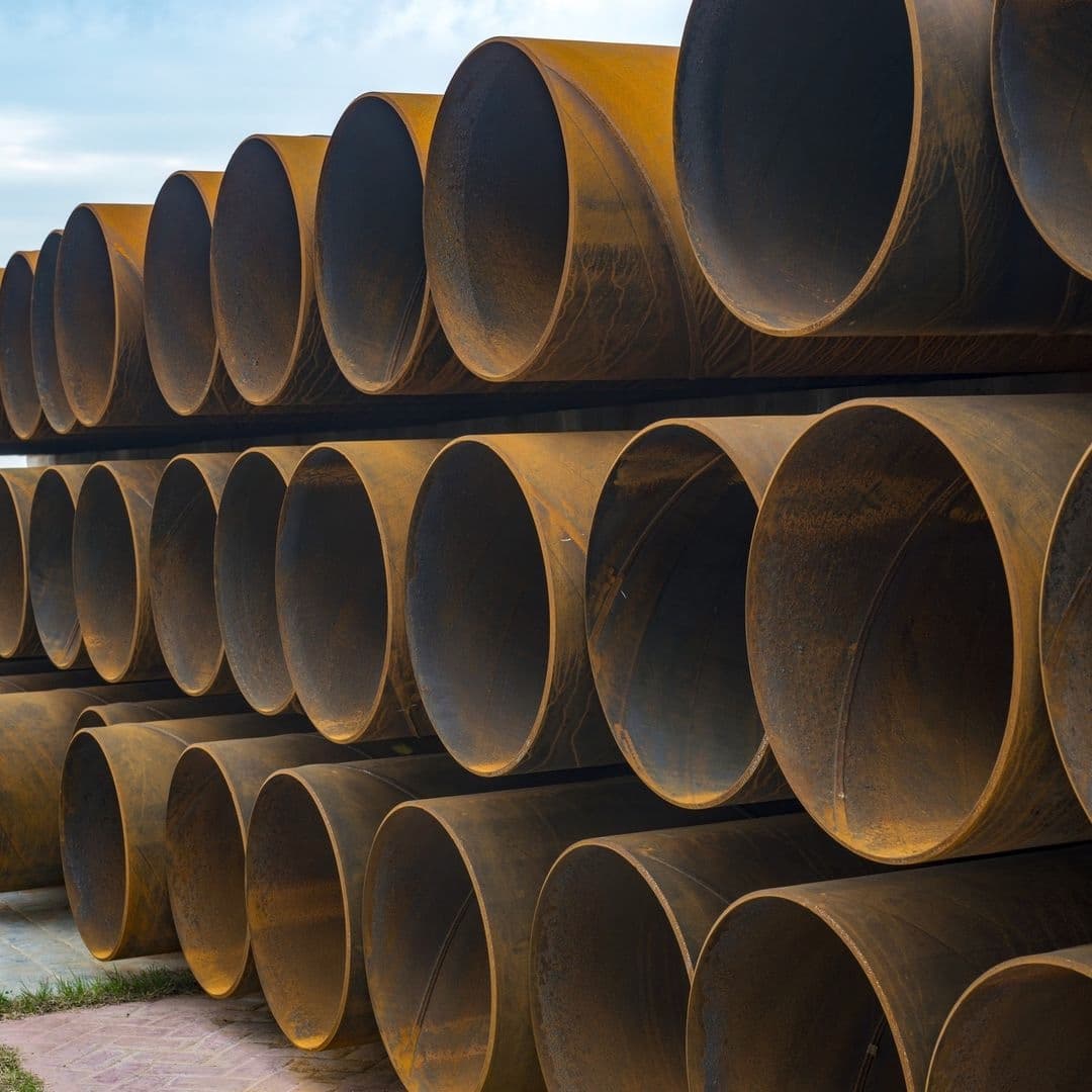 Tuberías de diámetro especial apiladas en un proyecto petrolero