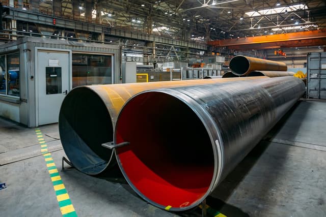 Se observan Tubería de Diámetros Mayores apiladas en un ambiente industrial, con una estructura metálica de fondo y una caja de control. Algunas tuberías tienen un acabado negro, mientras que otras presentan un interior rojo. El espacio está bien iluminado, lo que resalta las características de la tubería.