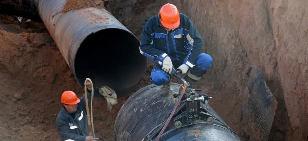 Equipo conectando tubería de diámetro especial en conducción de agua