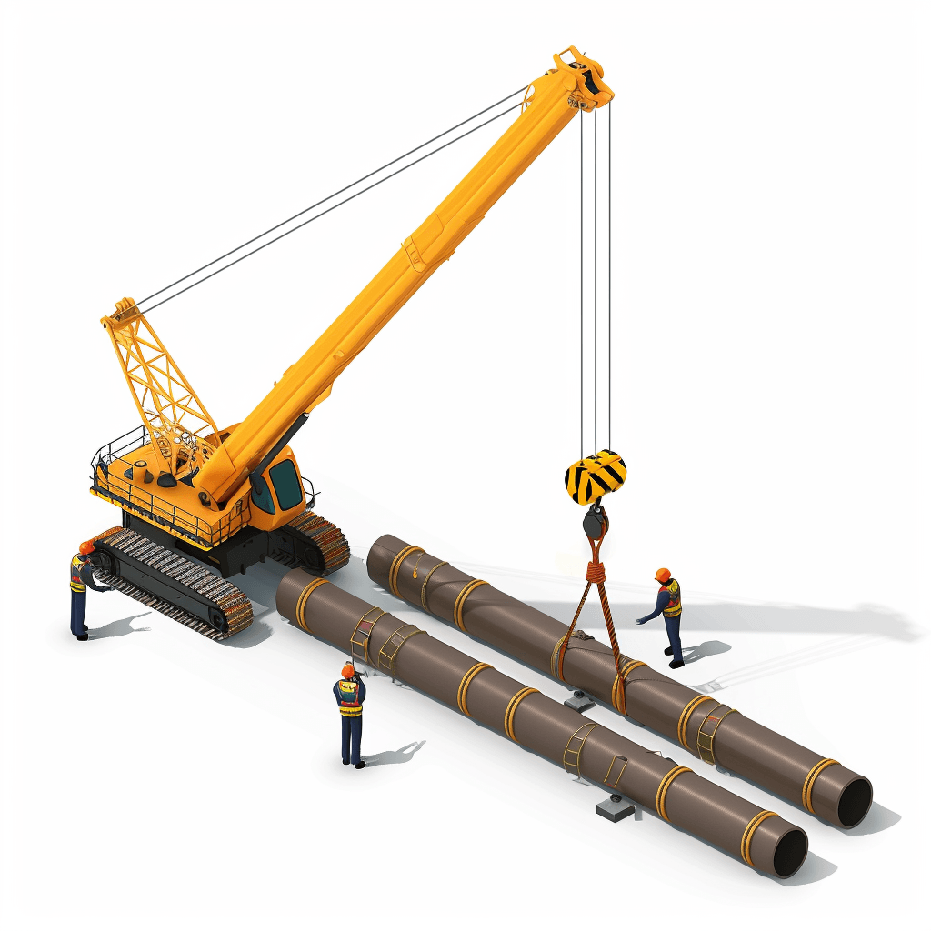 Grúa amarilla en operación, levantando Tubería de Diámetros Mayores en un sitio de construcción, con trabajadores supervisando la tarea.